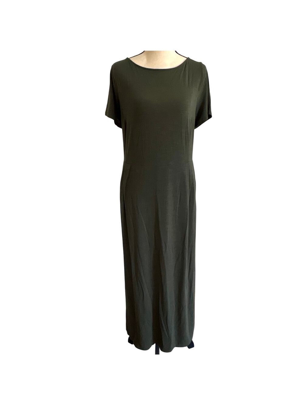 J Jill Olive Green Stretch Slub Jersey Knit Maxi Dress Short Sleeve Minimalist M